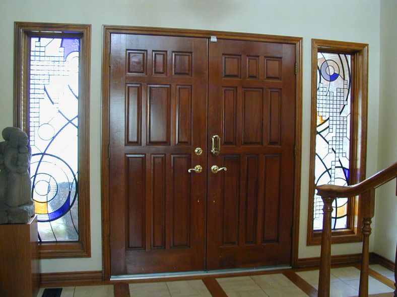 beveled glass entry with colored glass